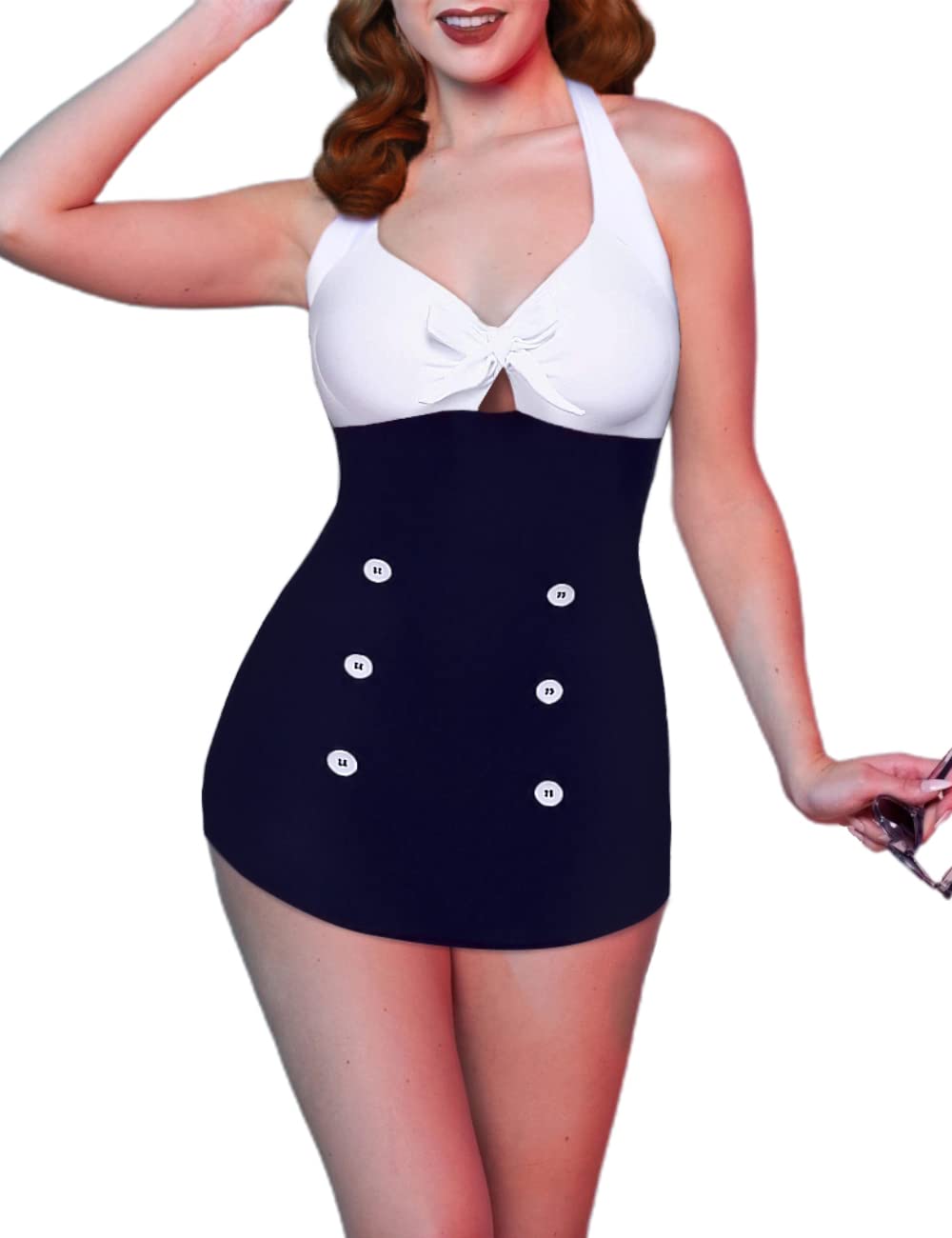 Womens One Piece Swimsuits Vintage Striped Skirt Bathing Suit Vintage Retro Push Up Swimwear