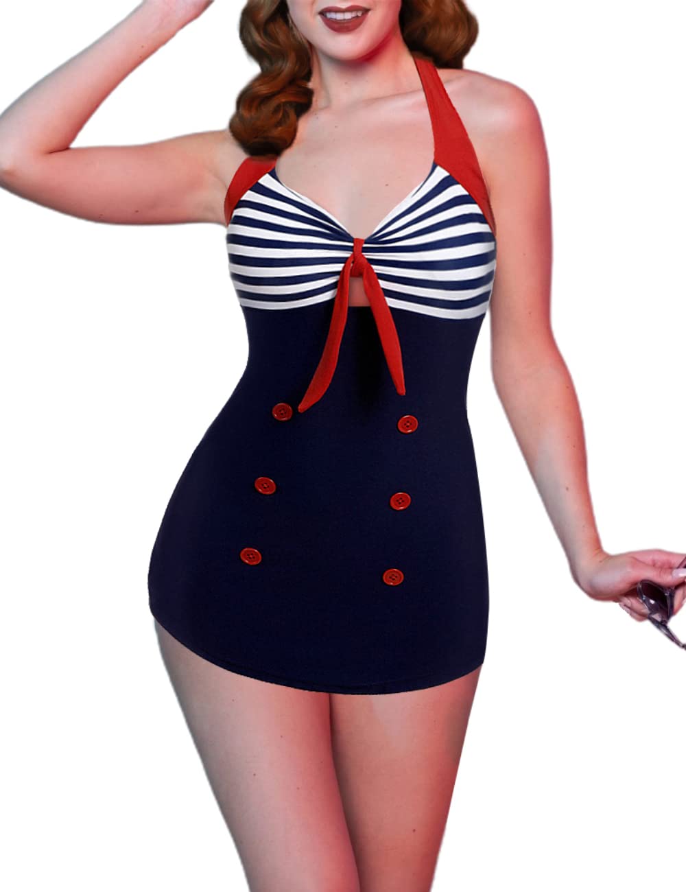 Womens One Piece Swimsuits Vintage Striped Skirt Bathing Suit Vintage Retro Push Up Swimwear