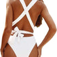 Sexy Tie Criss Cross Plunge One Piece Thong Swimsuit High Cut Brazilian Bathing Suit