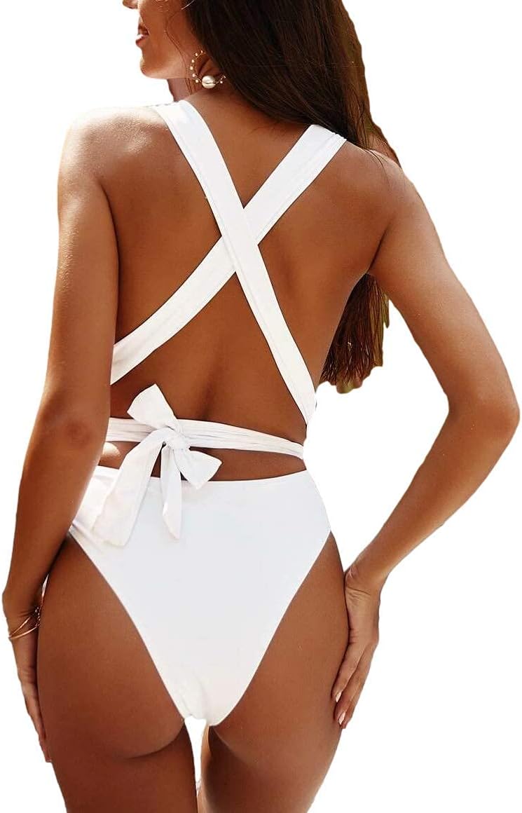 Sexy Tie Criss Cross Plunge One Piece Thong Swimsuit High Cut Brazilian Bathing Suit