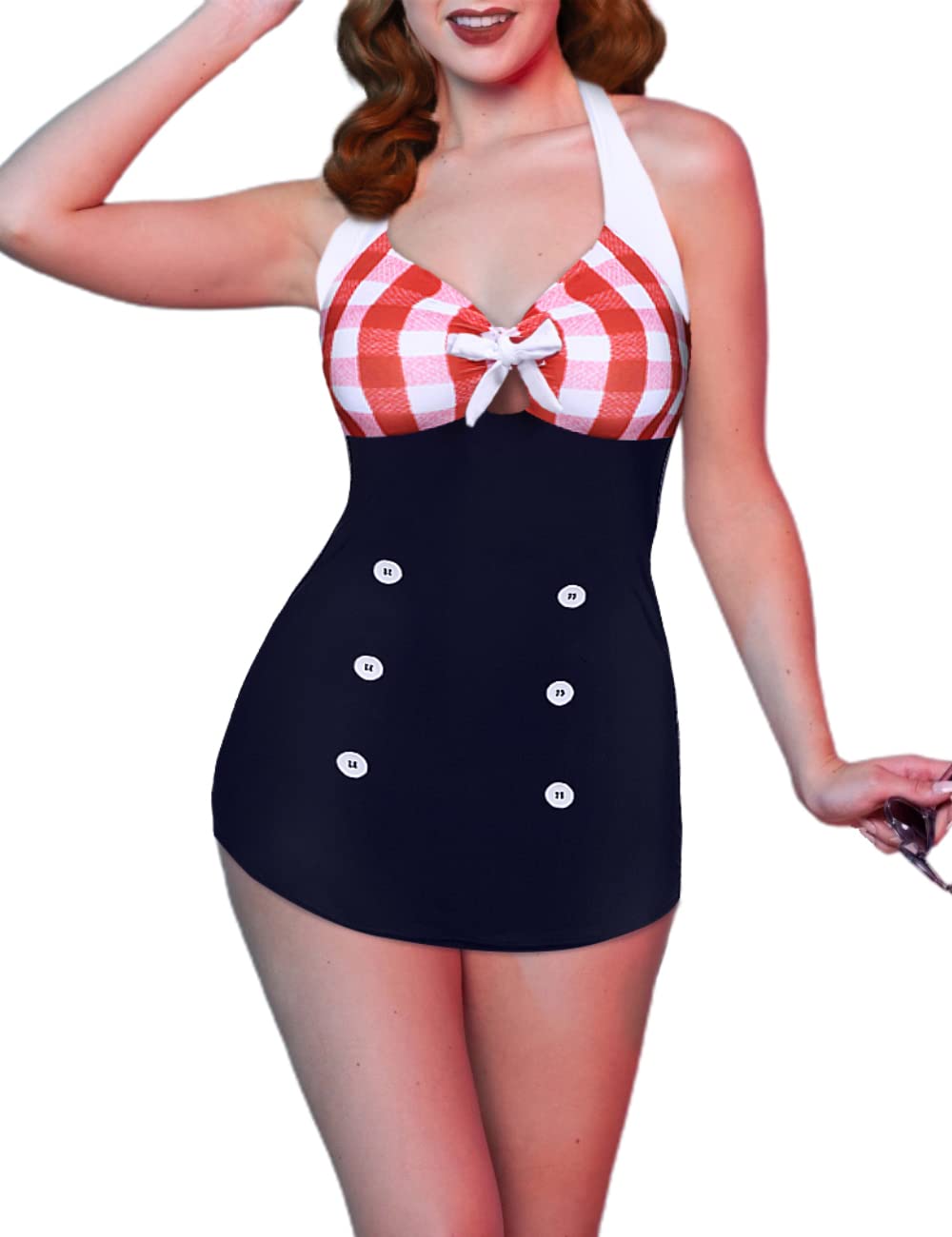 Womens One Piece Swimsuits Vintage Striped Skirt Bathing Suit Vintage Retro Push Up Swimwear