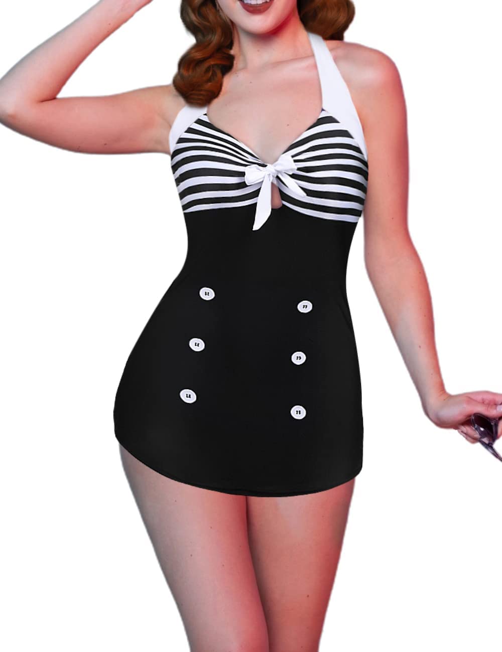 Womens One Piece Swimsuits Vintage Striped Skirt Bathing Suit Vintage Retro Push Up Swimwear
