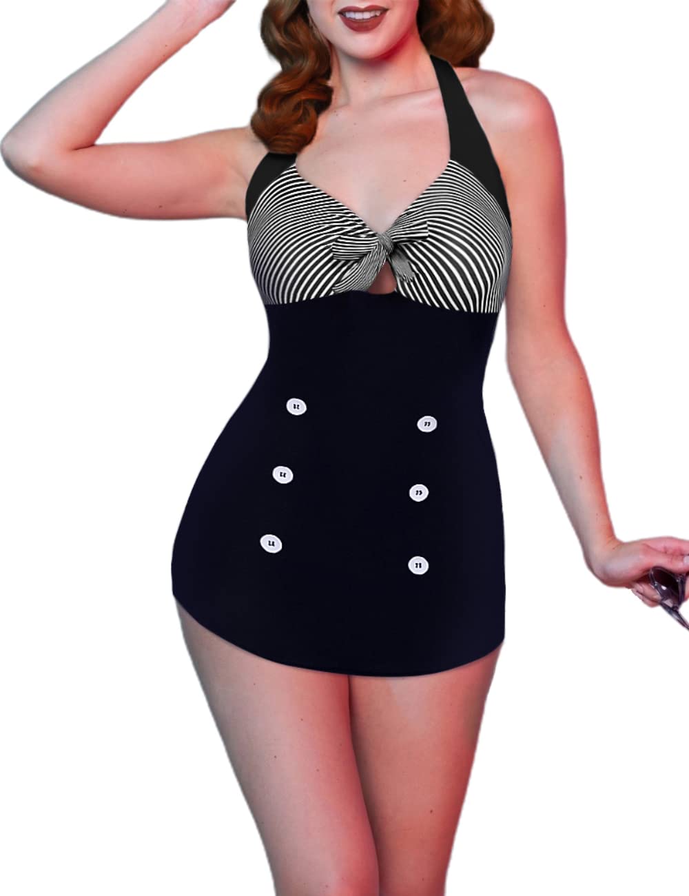 Womens One Piece Swimsuits Vintage Striped Skirt Bathing Suit Vintage Retro Push Up Swimwear