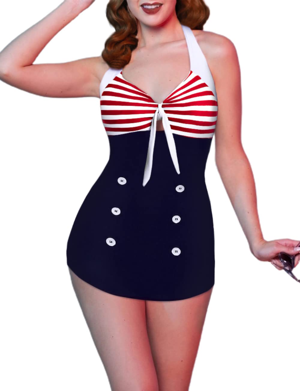 Womens One Piece Swimsuits Vintage Striped Skirt Bathing Suit Vintage Retro Push Up Swimwear
