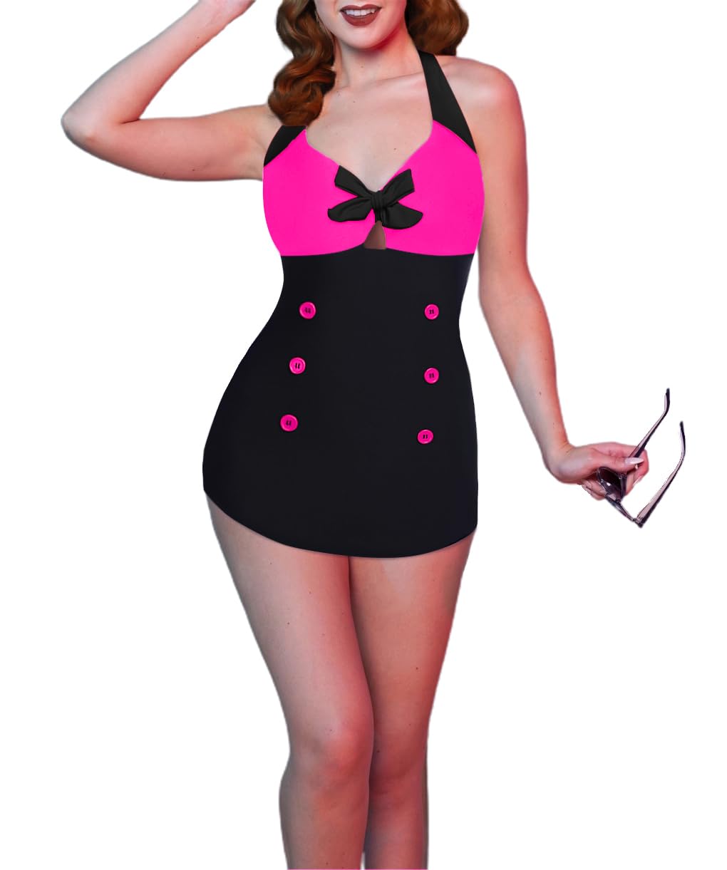 Womens One Piece Swimsuits Vintage Striped Skirt Bathing Suit Vintage Retro Push Up Swimwear