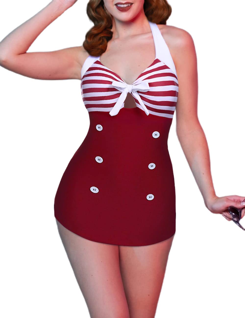 Womens One Piece Swimsuits Vintage Striped Skirt Bathing Suit Vintage Retro Push Up Swimwear