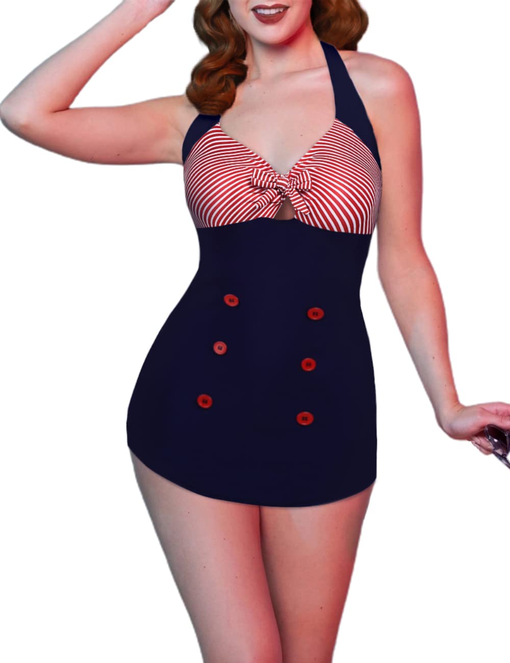 Womens One Piece Swimsuits Vintage Striped Skirt Bathing Suit Vintage Retro Push Up Swimwear