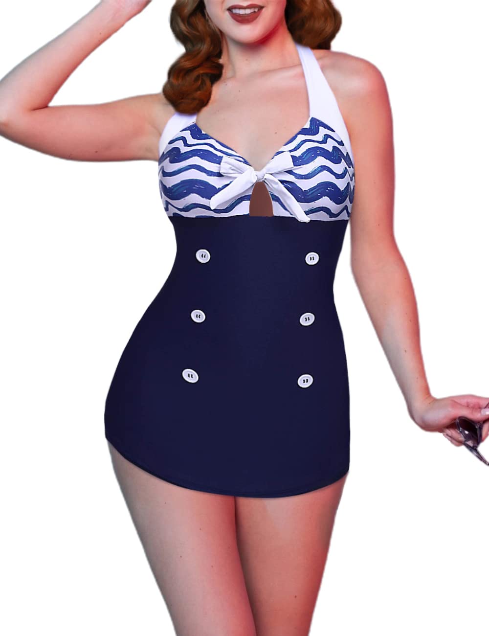 Womens One Piece Swimsuits Vintage Striped Skirt Bathing Suit Vintage Retro Push Up Swimwear