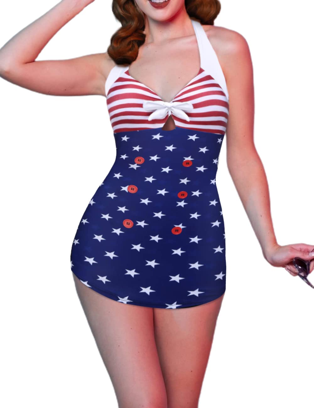 Womens One Piece Swimsuits Vintage Striped Skirt Bathing Suit Vintage Retro Push Up Swimwear