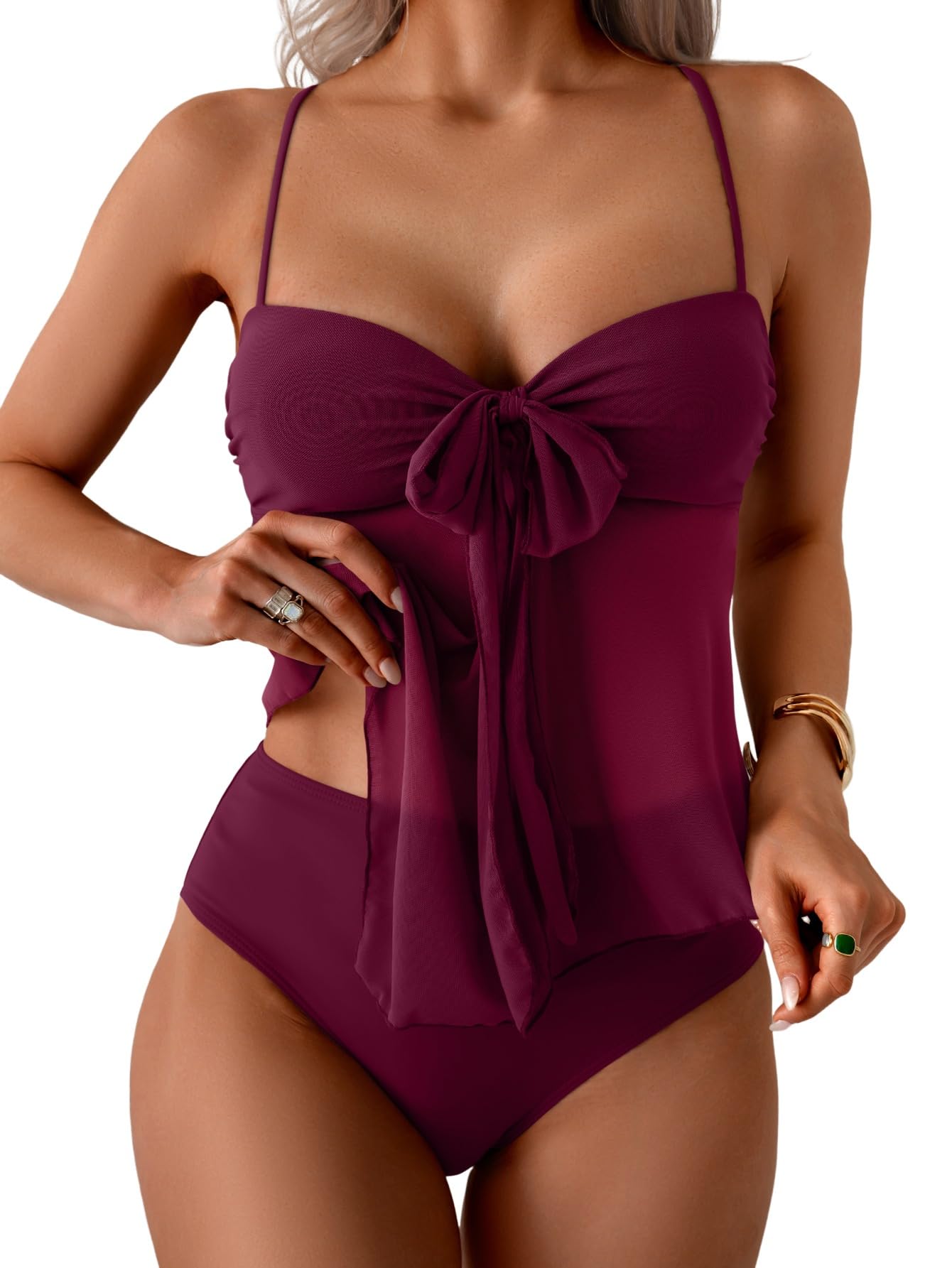 Tankini Swimsuits for Women, Tummy Control Flowy Mesh Tops, High Waisted Bottoms, Coquette 2 Piece Bathing Suits