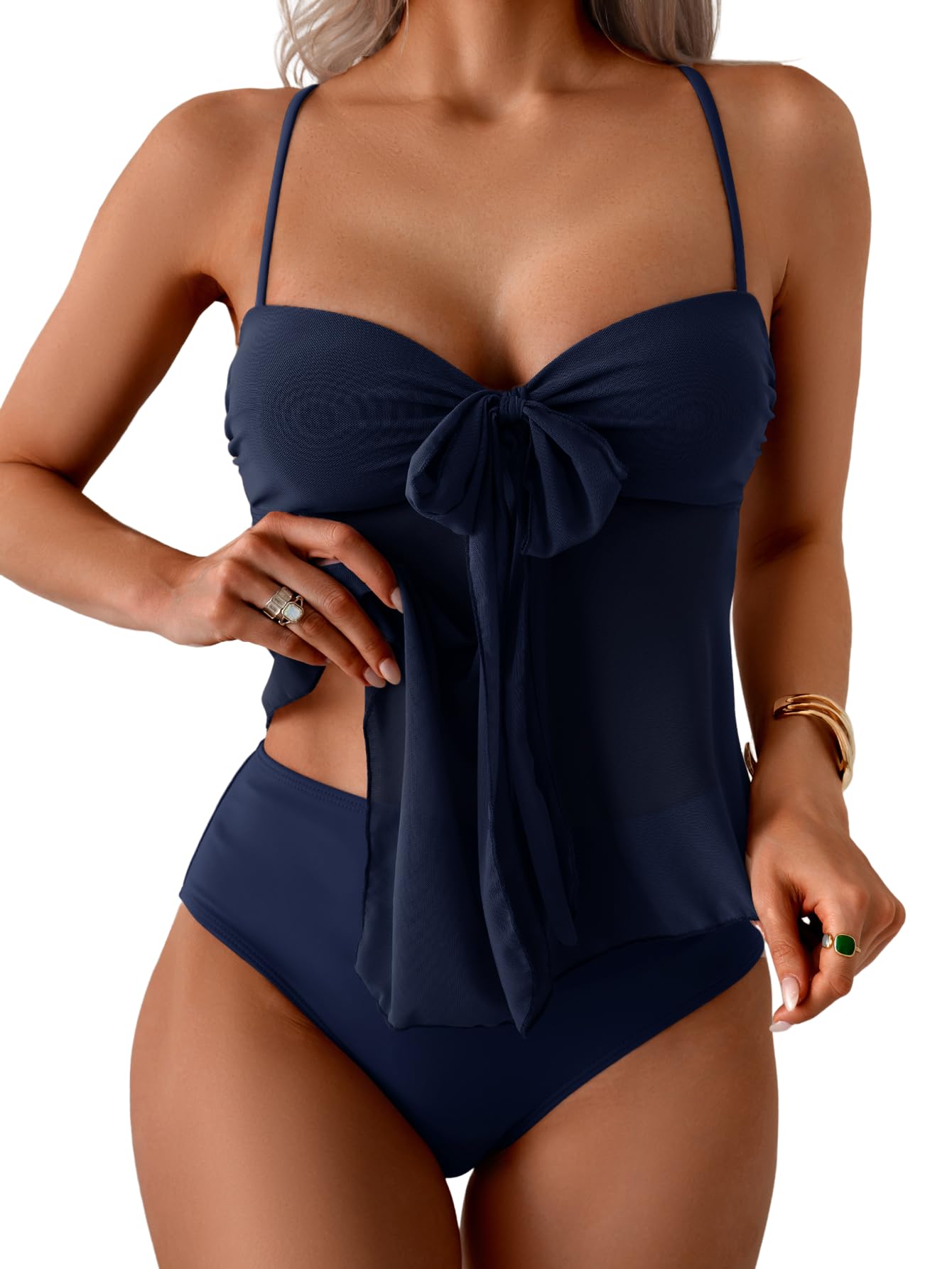 Tankini Swimsuits for Women, Tummy Control Flowy Mesh Tops, High Waisted Bottoms, Coquette 2 Piece Bathing Suits