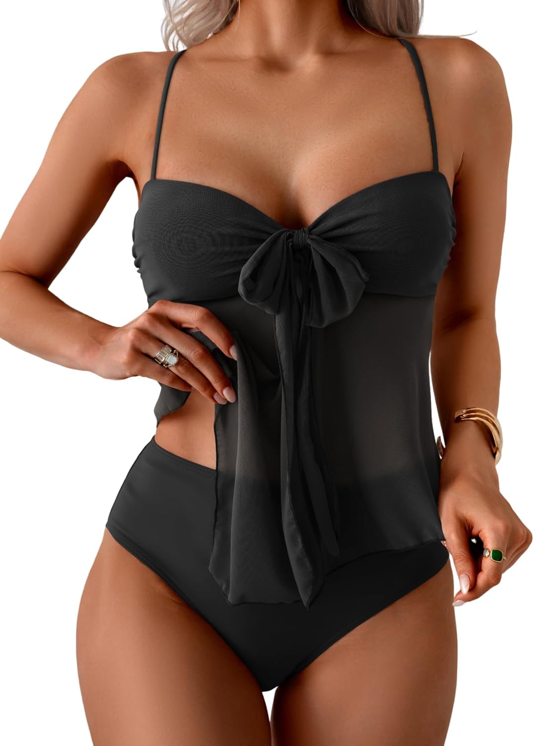 Tankini Swimsuits for Women, Tummy Control Flowy Mesh Tops, High Waisted Bottoms, Coquette 2 Piece Bathing Suits