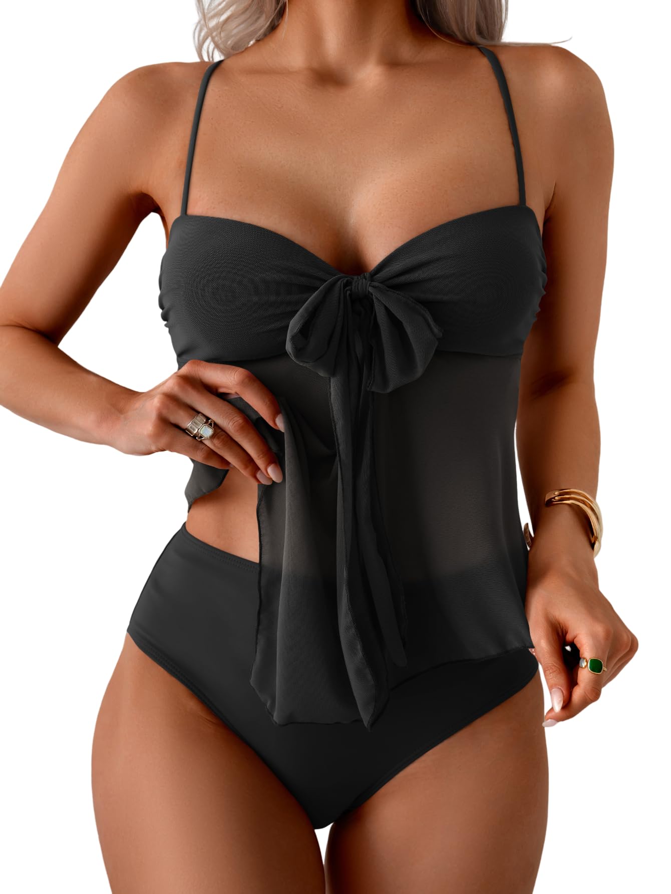 Tankini Swimsuits for Women, Tummy Control Flowy Mesh Tops, High Waisted Bottoms, Coquette 2 Piece Bathing Suits
