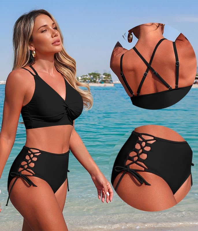 Women's 2 Piece High Waisted Bikini Sets V Neck Swimsuits Adjustable Straps Tummy Control Bathing Suits 2026 Beach