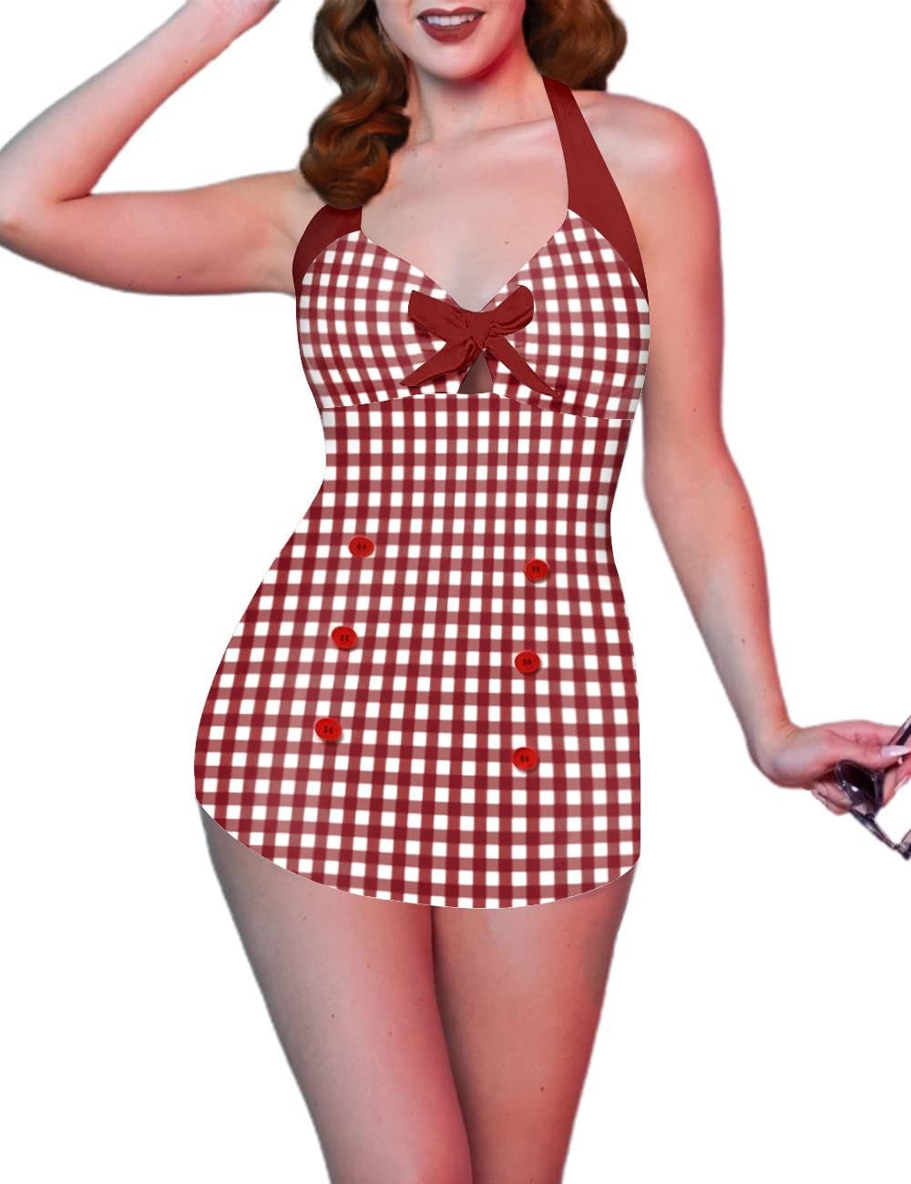 Womens One Piece Swimsuits Vintage Striped Skirt Bathing Suit Vintage Retro Push Up Swimwear