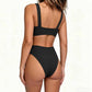 Women's bikini set - solid fabric V-neck bow-front high-waisted trapezoidal underwear two-piece swimsuit
