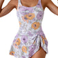 2026 European Style Women Fashion Printed Slimming One Piece Swimsuit Tummy Control Backless Skirted Swimwear