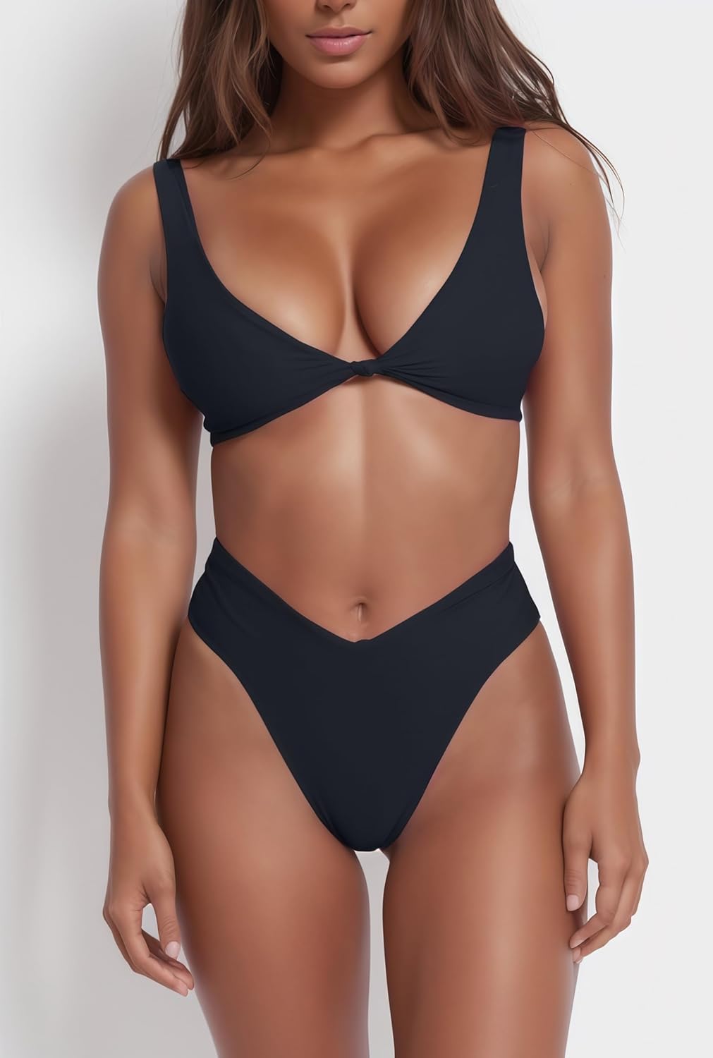 Women's bikini set - solid fabric V-neck bow-front high-waisted trapezoidal underwear two-piece swimsuit