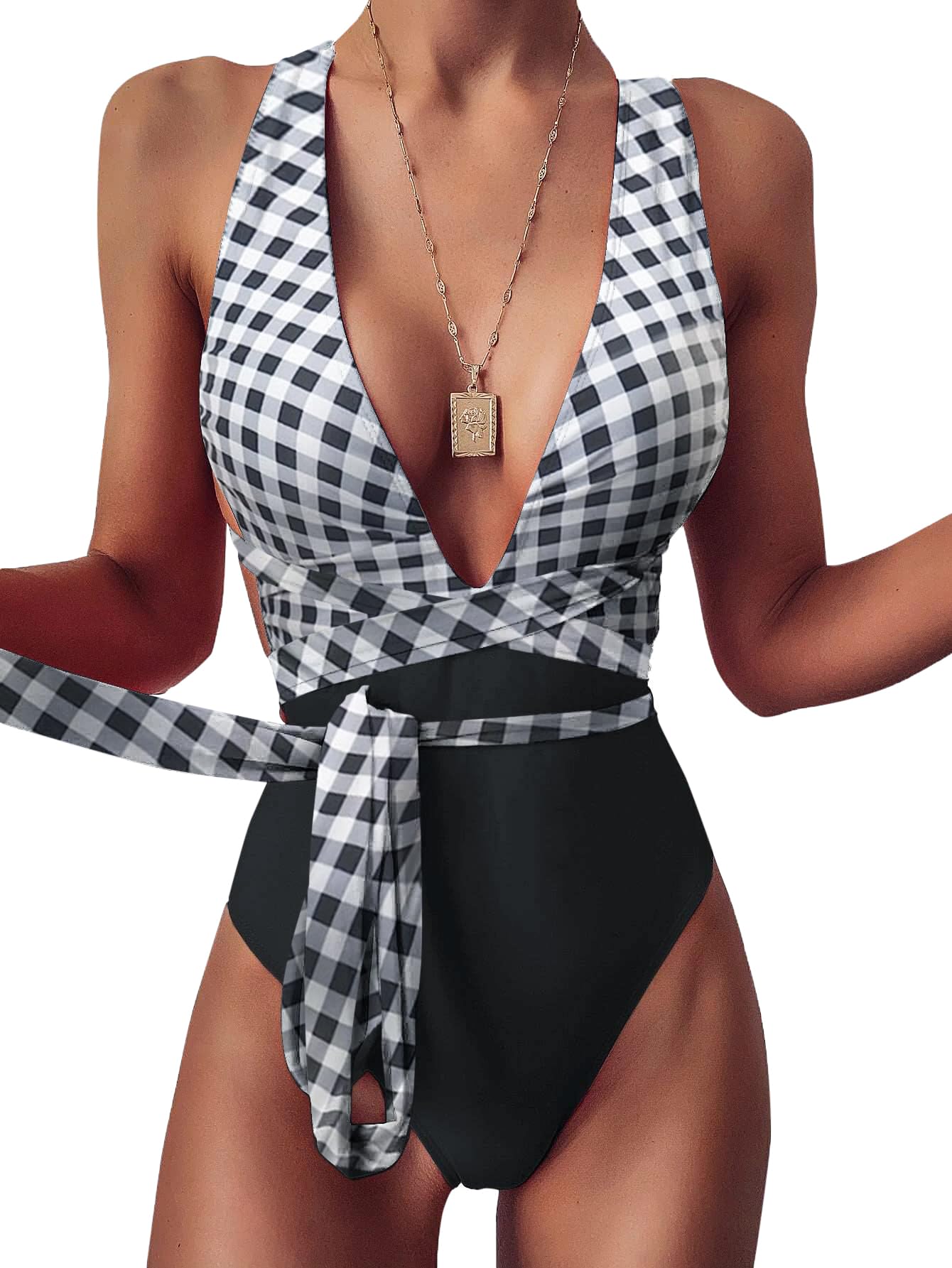 Sexy Tie Criss Cross Plunge One Piece Thong Swimsuit High Cut Brazilian Bathing Suit