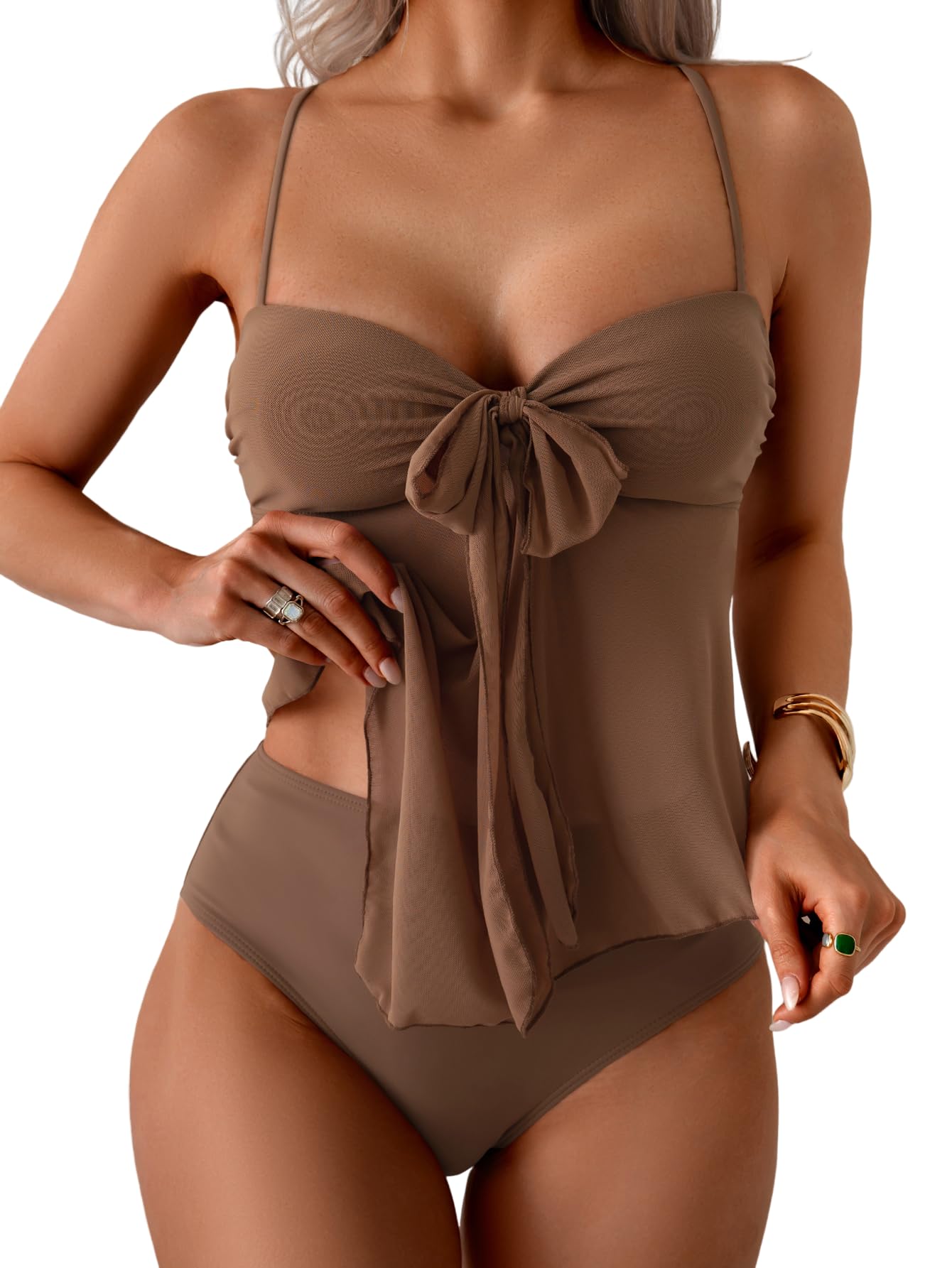 Tankini Swimsuits for Women, Tummy Control Flowy Mesh Tops, High Waisted Bottoms, Coquette 2 Piece Bathing Suits