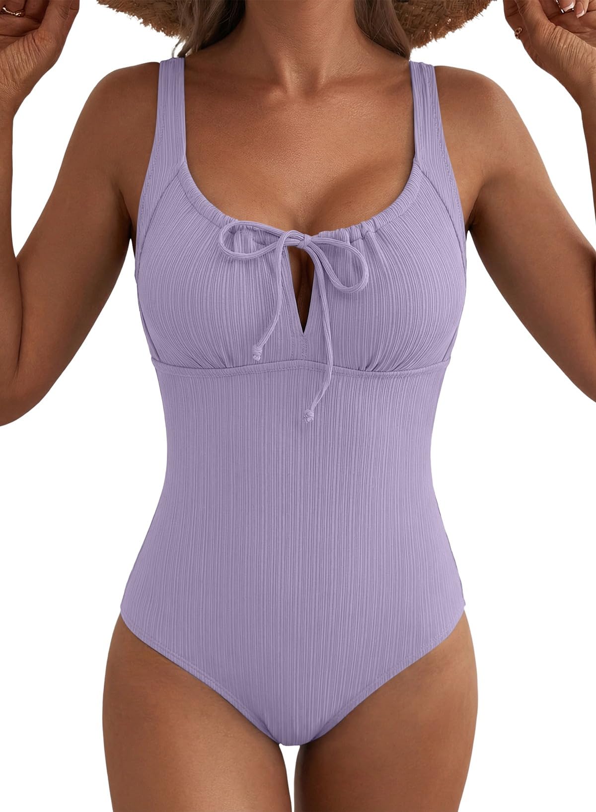 Aleumdr Womens Textured One Piece Swimsuit Tummy Control Bathing Suit Tie Knot Cutout Swimwear