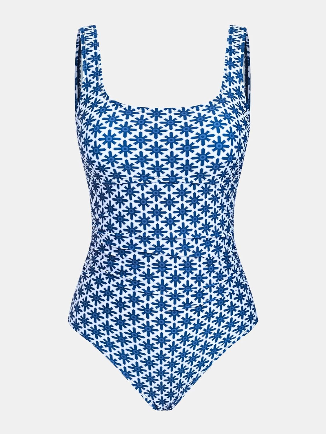 Women's One Piece Swimsuit Square Neck Bathing Suit Wide Straps Back Hook Cutout Ruched Swimwear