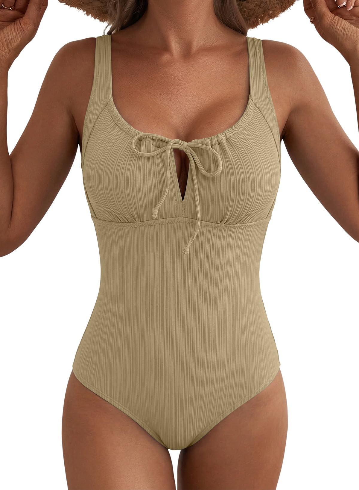 Aleumdr Womens Textured One Piece Swimsuit Tummy Control Bathing Suit Tie Knot Cutout Swimwear