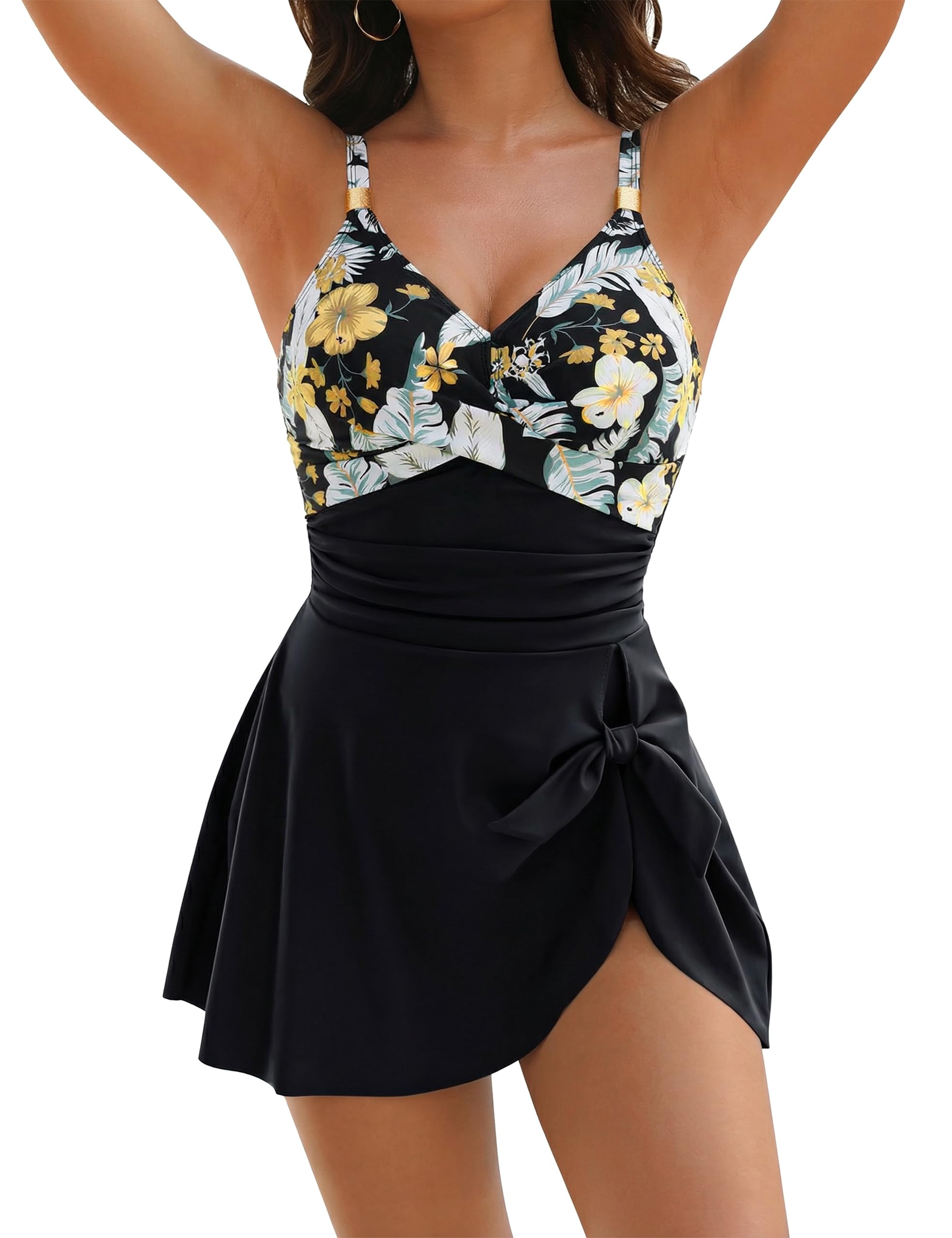 Womens One Piece Swimsuit Tummy Control Bathing Suit Gold Metal Tie Knot 2026 Swim Dress