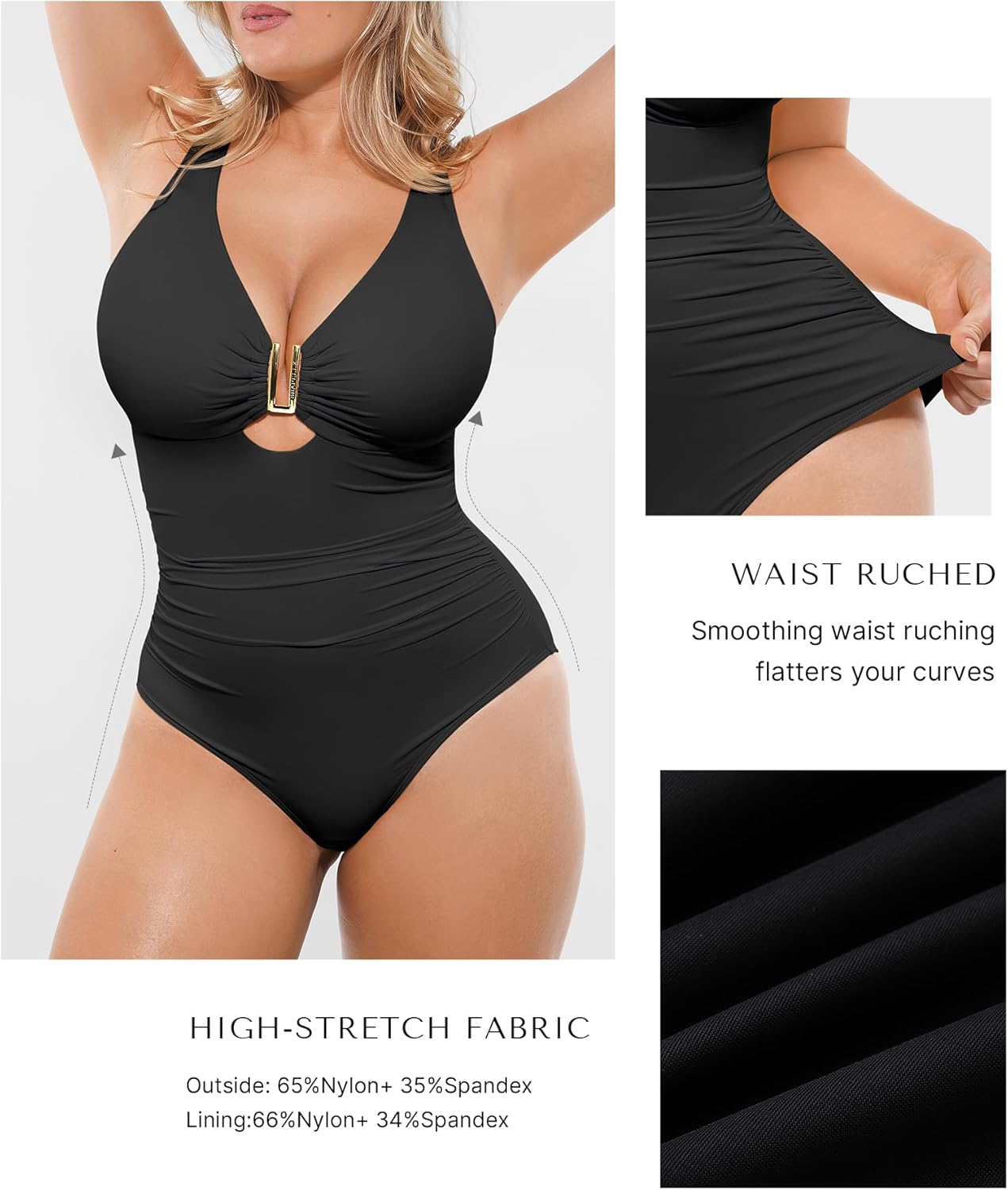 Tummy Control Swimsuits One Piece V Neck Slimming Bathing Suit for Women Cutout Ruched Shapewear Swimwear