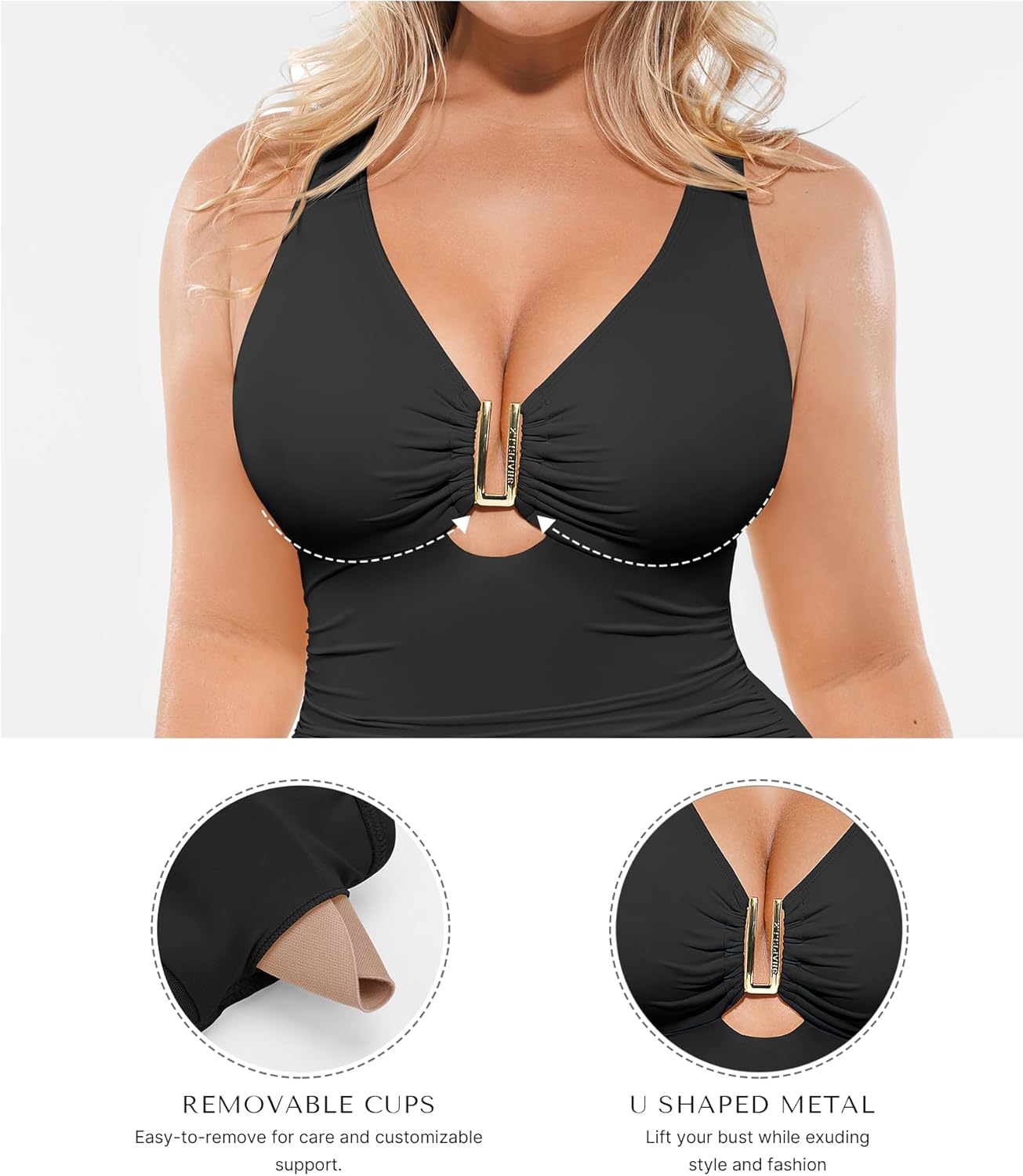 Tummy Control Swimsuits One Piece V Neck Slimming Bathing Suit for Women Cutout Ruched Shapewear Swimwear