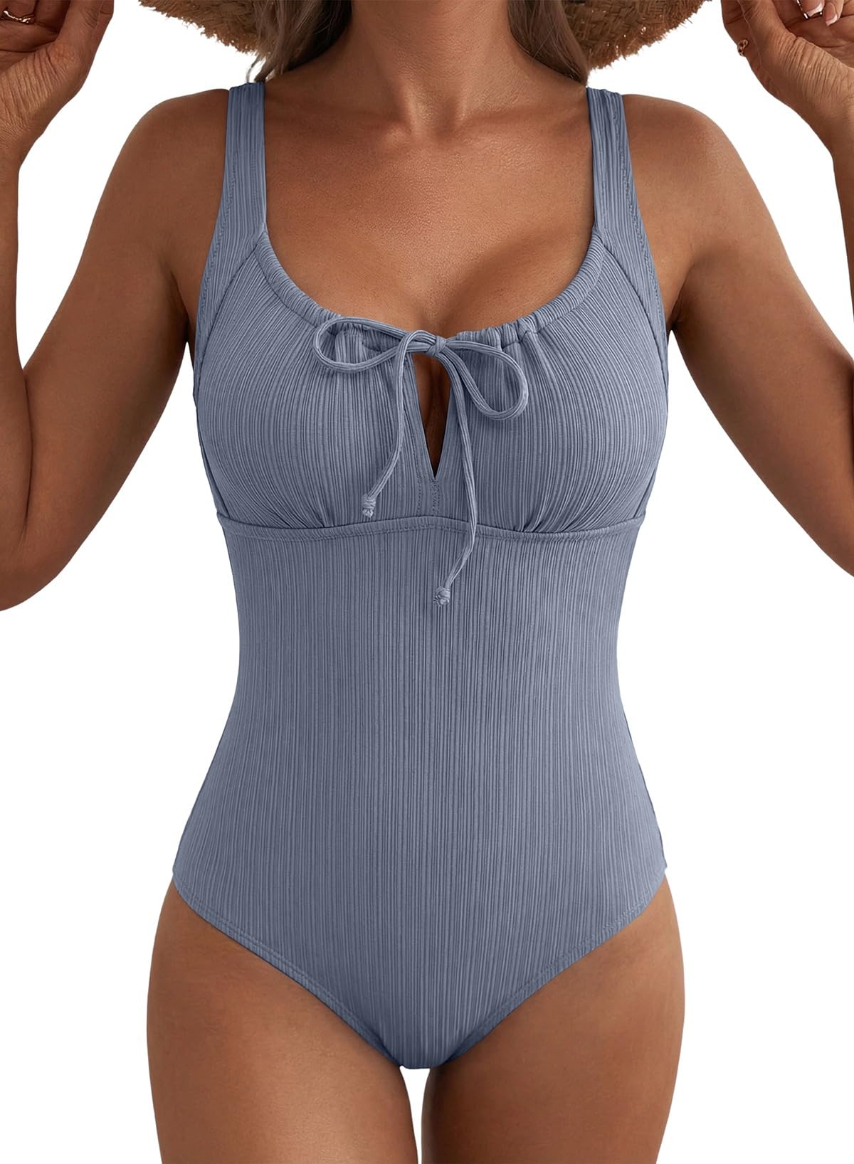 Aleumdr Womens Textured One Piece Swimsuit Tummy Control Bathing Suit Tie Knot Cutout Swimwear