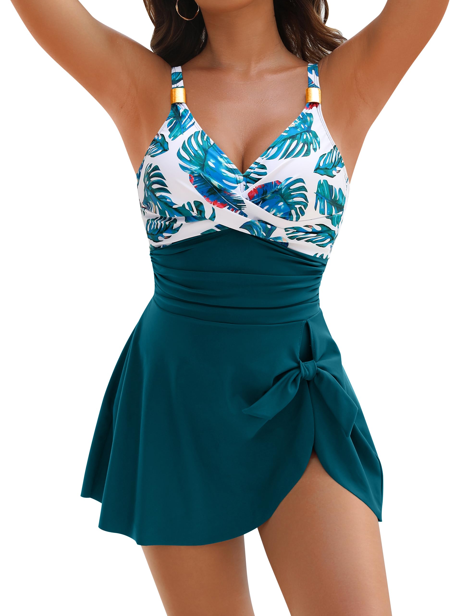 Womens One Piece Swimsuit Tummy Control Bathing Suit Gold Metal Tie Knot 2026 Swim Dress