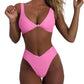 Women's bikini set - solid fabric V-neck bow-front high-waisted trapezoidal underwear two-piece swimsuit