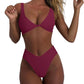 Women's bikini set - solid fabric V-neck bow-front high-waisted trapezoidal underwear two-piece swimsuit