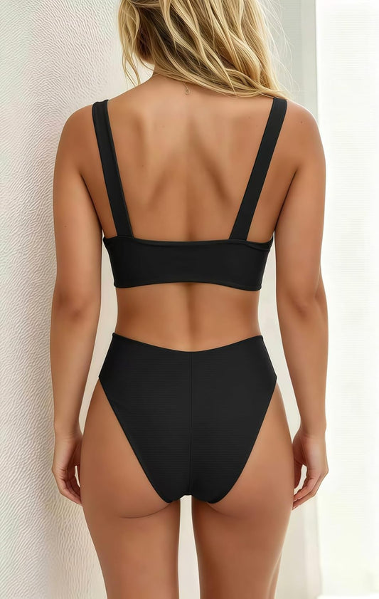 Women's bikini set - solid fabric V-neck bow-front high-waisted trapezoidal underwear two-piece swimsuit