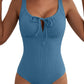 Aleumdr Womens Textured One Piece Swimsuit Tummy Control Bathing Suit Tie Knot Cutout Swimwear