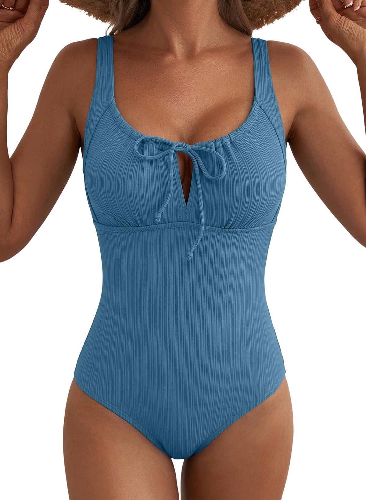 Aleumdr Womens Textured One Piece Swimsuit Tummy Control Bathing Suit Tie Knot Cutout Swimwear