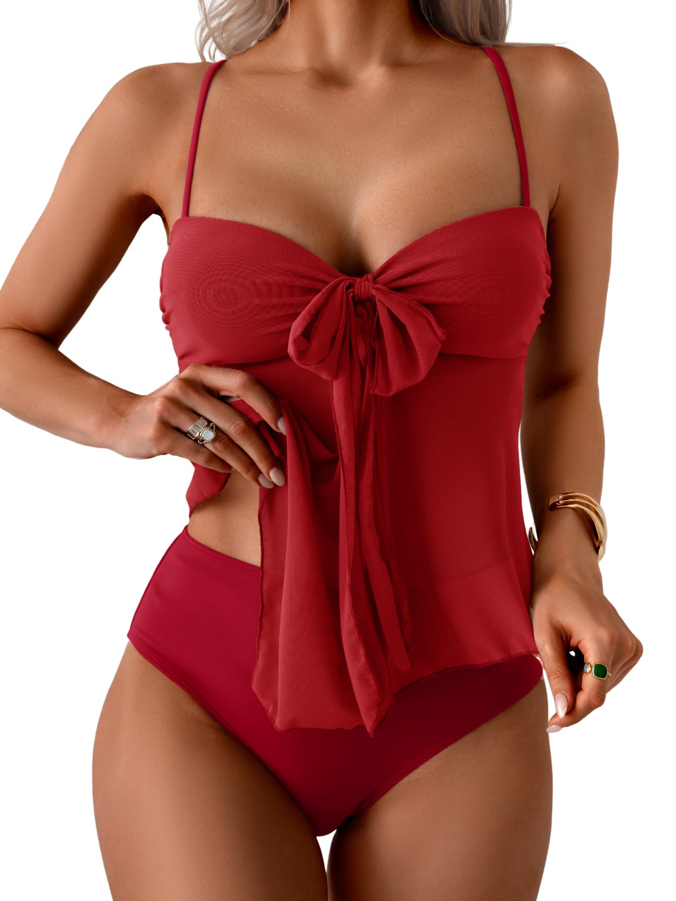Tankini Swimsuits for Women, Tummy Control Flowy Mesh Tops, High Waisted Bottoms, Coquette 2 Piece Bathing Suits