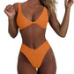 Women's bikini set - solid fabric V-neck bow-front high-waisted trapezoidal underwear two-piece swimsuit