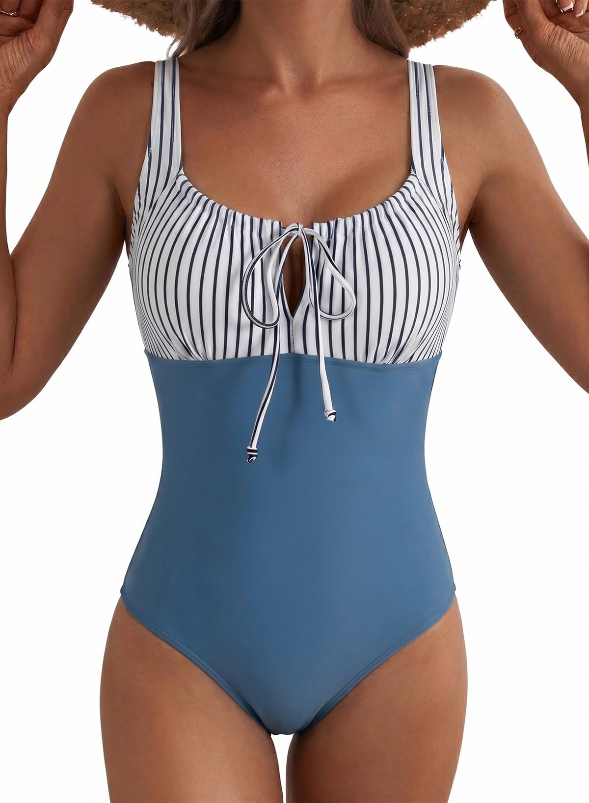 Aleumdr Womens Textured One Piece Swimsuit Tummy Control Bathing Suit Tie Knot Cutout Swimwear