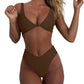 Women's bikini set - solid fabric V-neck bow-front high-waisted trapezoidal underwear two-piece swimsuit