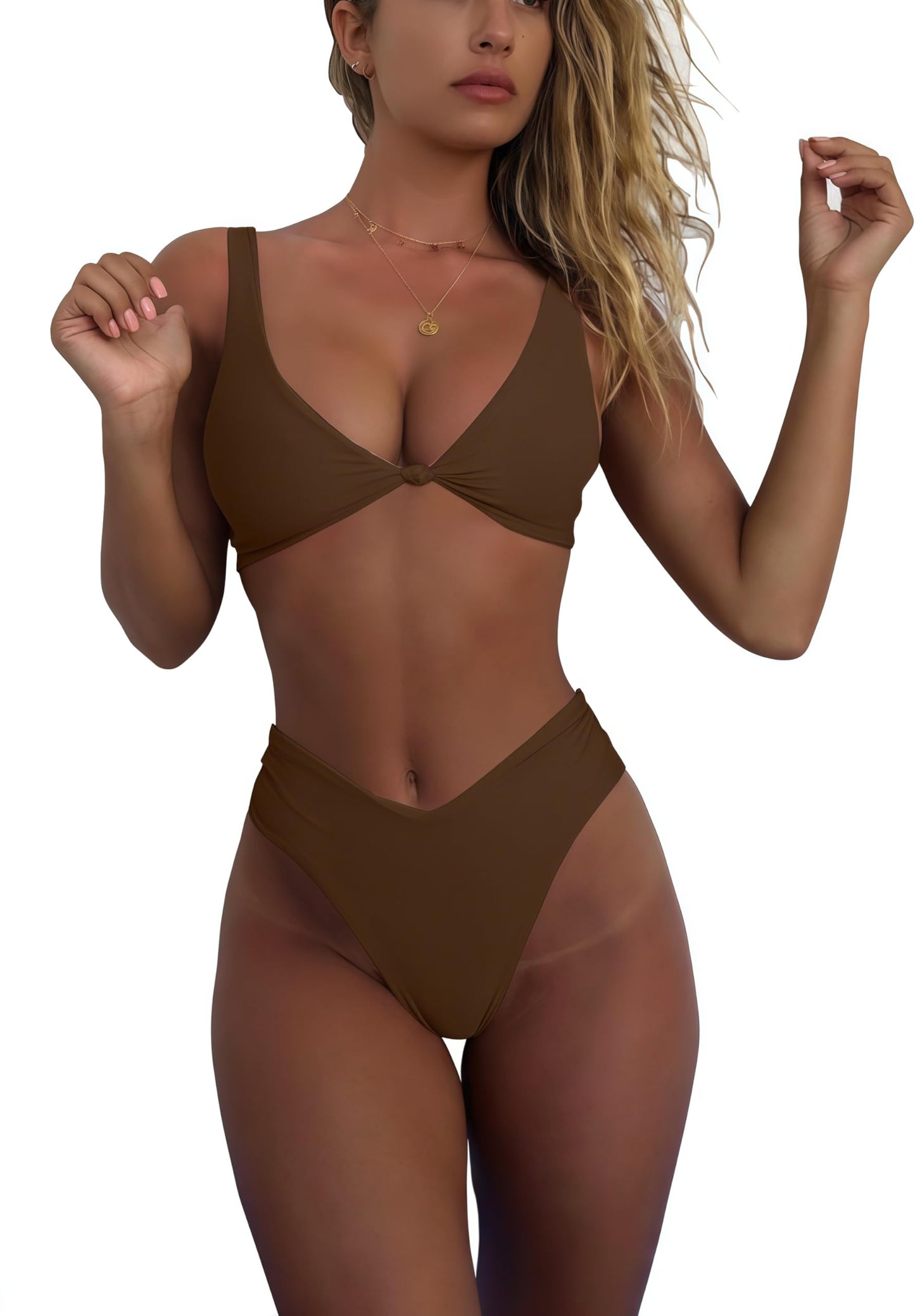 Women's bikini set - solid fabric V-neck bow-front high-waisted trapezoidal underwear two-piece swimsuit