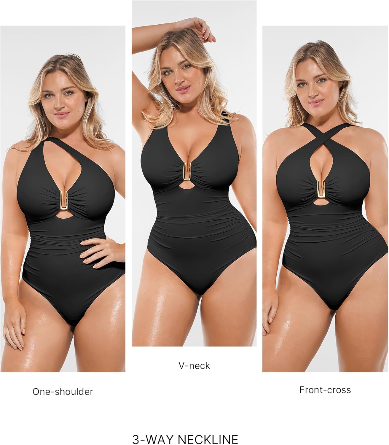 Tummy Control Swimsuits One Piece V Neck Slimming Bathing Suit for Women Cutout Ruched Shapewear Swimwear