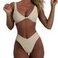 Women's bikini set - solid fabric V-neck bow-front high-waisted trapezoidal underwear two-piece swimsuit