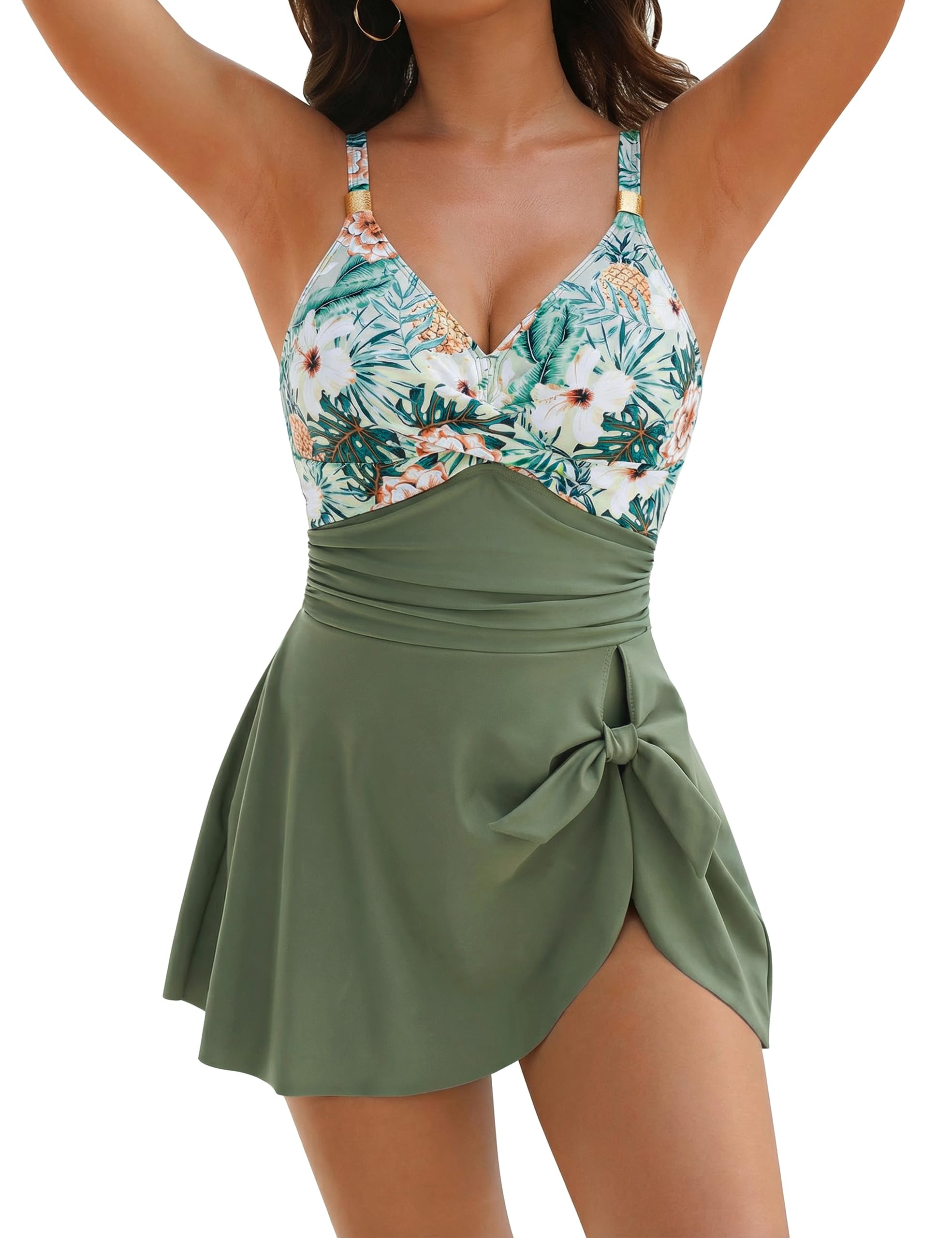 Womens One Piece Swimsuit Tummy Control Bathing Suit Gold Metal Tie Knot 2026 Swim Dress