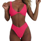 Women's bikini set - solid fabric V-neck bow-front high-waisted trapezoidal underwear two-piece swimsuit