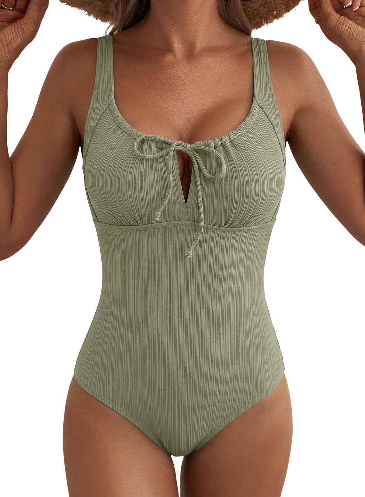 Aleumdr Womens Textured One Piece Swimsuit Tummy Control Bathing Suit Tie Knot Cutout Swimwear