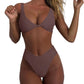 Women's bikini set - solid fabric V-neck bow-front high-waisted trapezoidal underwear two-piece swimsuit