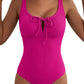 Aleumdr Womens Textured One Piece Swimsuit Tummy Control Bathing Suit Tie Knot Cutout Swimwear