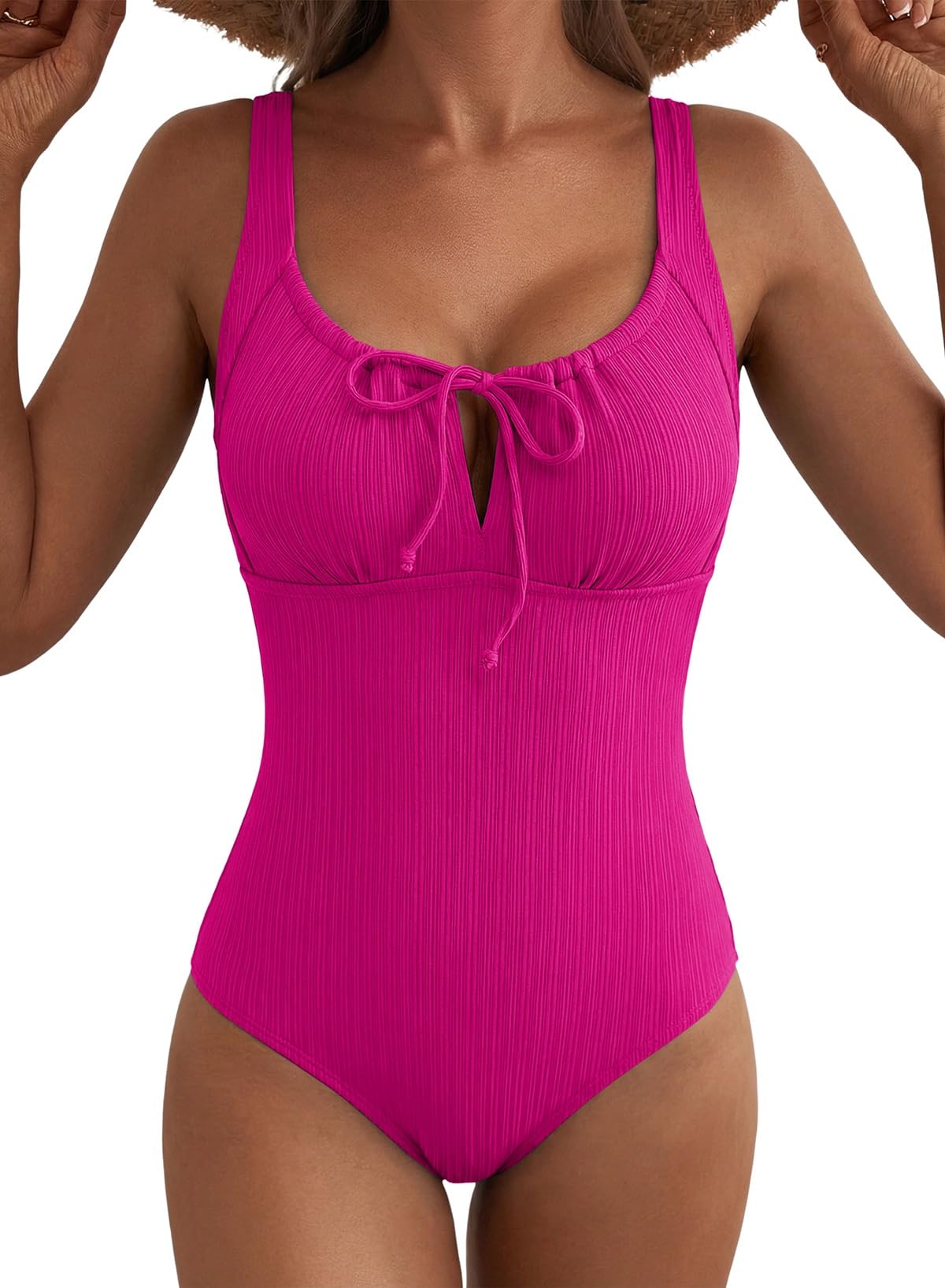 Aleumdr Womens Textured One Piece Swimsuit Tummy Control Bathing Suit Tie Knot Cutout Swimwear